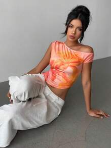 Aloruh 女士不对称肩部紧身扎染花卉印花T恤，适合春夏季度假