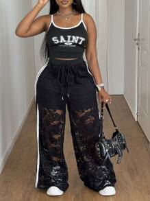 Maweii Plus Size Women's High Waist Lace See-Through Pants Fall Cloth For Women