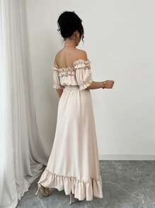 Rafferiza Fashion New Solid Color Off Shoulder Ruffle Hem Elastic Waist Dress For Women