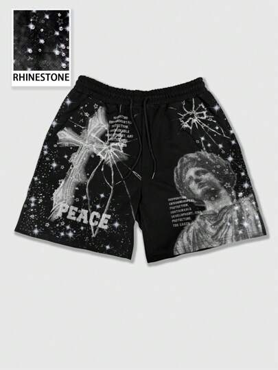 Street Life Men's Y2K Cross Printed & Rhinestone Embellished Shorts, Suitable For Everyday Wear, Spring/Summer