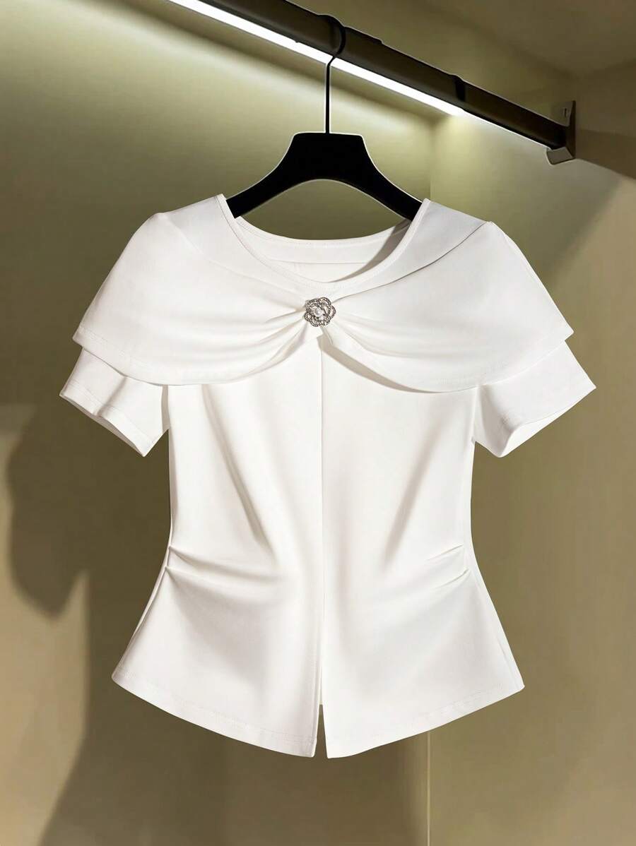 SHEIN Clasi 女士纯色优雅水钻装饰短袖T恤 - 白色 - 查看 1