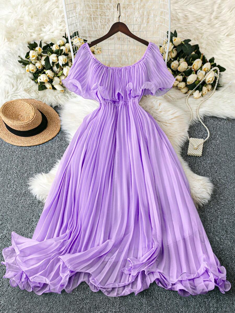 DreamSkyne Váy dài đến đầu gối bằng vải voan nhiều lớp màu xanh Alice trễ vai thanh lịch, giản dị, sang trọng, dành cho phù dâu trong đám cưới mùa xuân/hè cỡ lớn dành cho phụ nữ - Màu tím - Xem 1