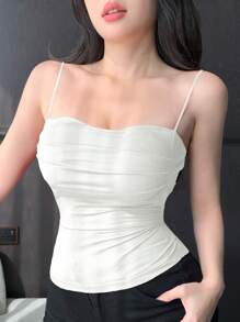 DAZY Tank Top With Built-In Padded Bust, Ruching Design, Slim Fit Camisole Crop Women Tops - White - View 6