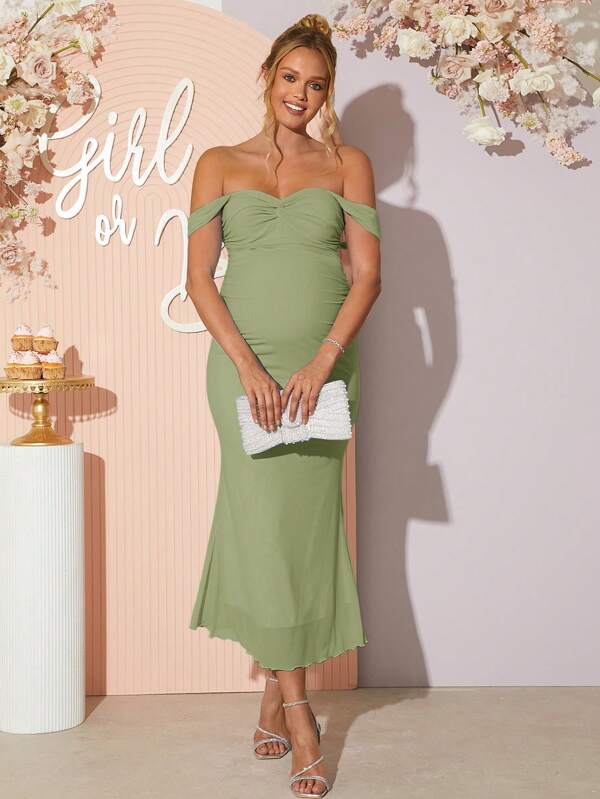 Loomaby Maternity Off Shoulder Pleated Fish Tail Hem Dress, Elegant Summer