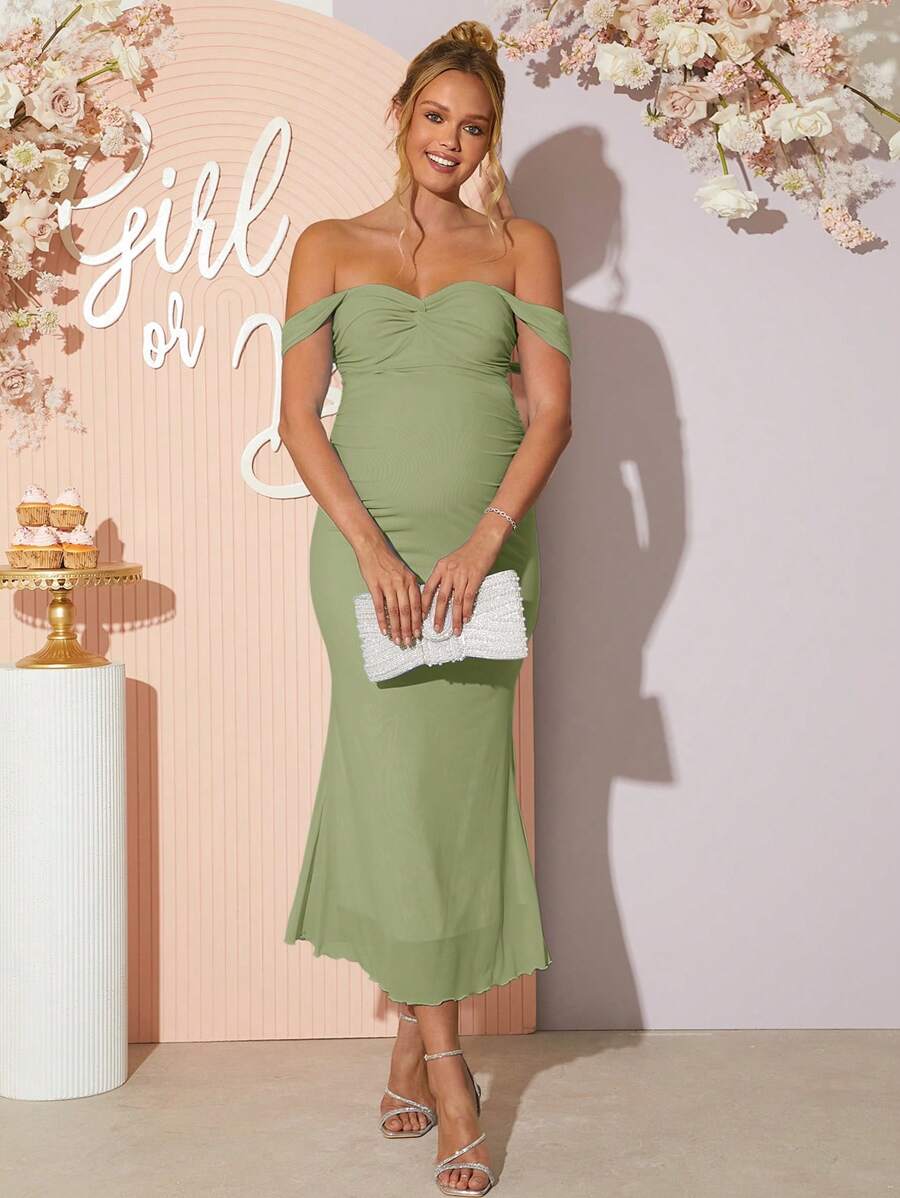 Loomaby 孕妇露肩褶皱鱼尾下摆连衣裙，优雅夏日 - 綠色 - 查看 1