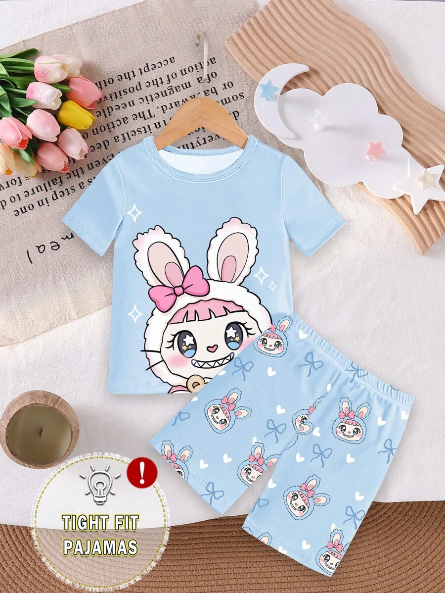Girls Pajama Set - Blue Rabbit Print Elegant & Fashionable Tight Fit Short Sleeve Top & Shorts 2Pcs, Suitable For Young Girls - Blue - View 1