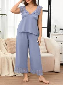 SHEIN Conjunto de pijama de top con cuello en V profundo y pantalones de encaje con parches, talla grande, para verano - Celeste - Ver 6