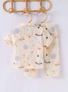 2 pezzi Set per bebè/bambini piccoli con motivo galassia, composto da cardigan a maniche corte e pantaloni, abbigliamento comodo da casa