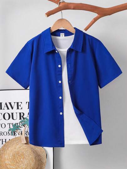 SHEIN Tween Boy Vacation Style Solid Color Turndown Collar Slim Fit Button-Front Short Sleeve Shirt