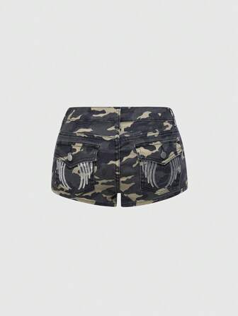 Grunge Punk Y2k Retro Baddie Pocket Wing Sequin Embroidery Low Rise Camouflage Denim Shorts
