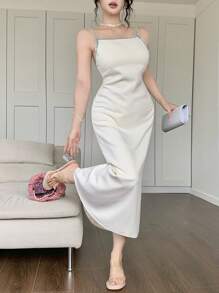 DAZY Contrast Color Round Neck Sleeveless Midi Dress For Women Carnival - Beige - View 6