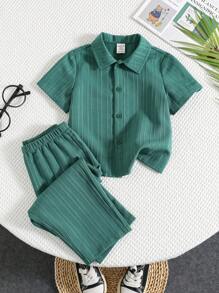 SHEIN 2 件婴儿苔绿色纹理面料 Polo 领短袖上衣和松紧腰裤套装，休闲百搭服装，适合居家、上学和运动 - 墨綠色 - 查看 3