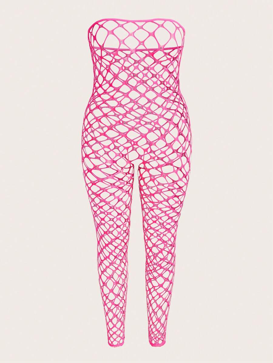 SpicyHot Bộ đồ lót hở đáy gợi cảm và quyến rũ cỡ lớn bằng lưới trong suốt đính đá lấp lánh cho tiệc rave - Màu Hồng Tươi - Xem 1