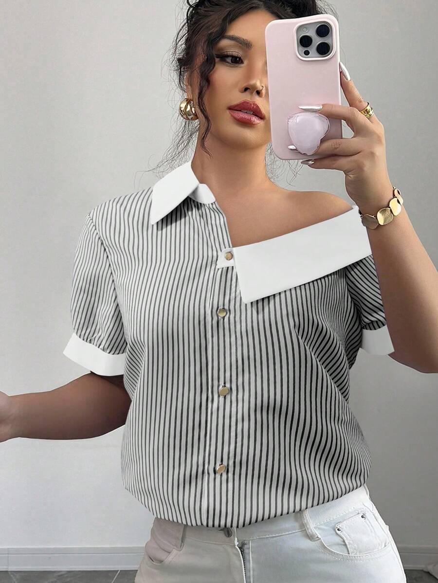 Chiquease 女士休闲优雅不对称领短袖单排扣衬衫 - 灰色 - 查看 1