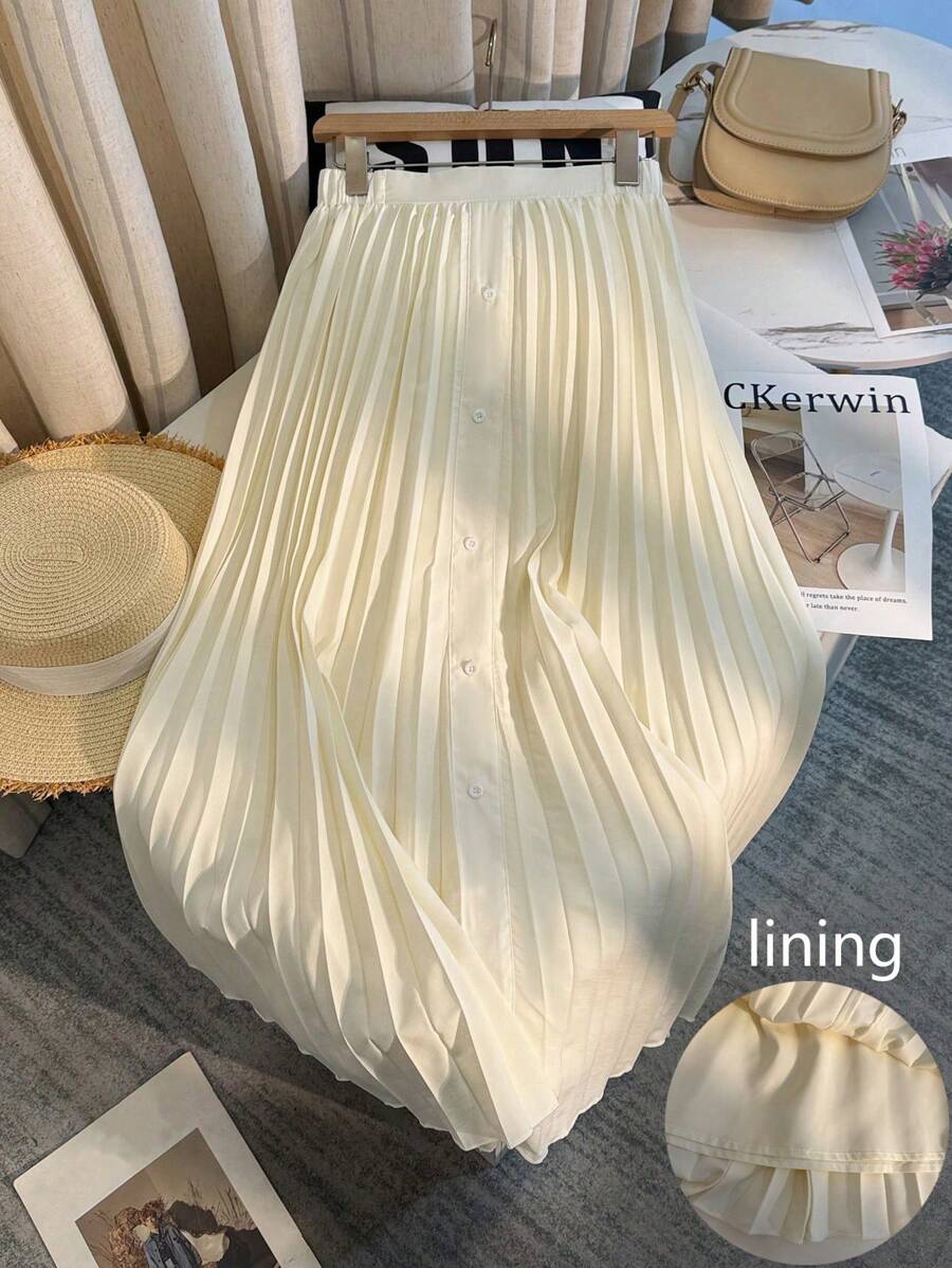 Chiquease Loose A-Line High Waisted Pleated Skirt, Versatile Fall Cloth For Women - Apricot - View 1