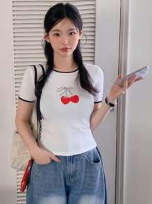 DAZY Women's Cherry Print Trim Round Neck Short Sleeve Casual T-Shirt Cute Tops