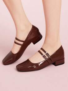 CUCCOO DOLLMOD CUCCOO Fashionable Silver Metallic Mary Jane Chunky Heeled Flats - Mocha Brown - View 1