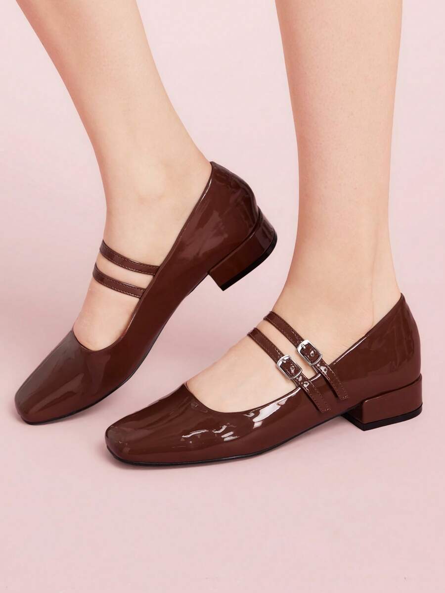 CUCCOO DOLLMOD CUCCOO Fashionable Silver Metallic Mary Jane Chunky Heeled Flats - Mocha Brown - View 1