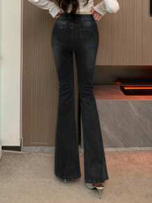 Joudiya Split Flare Jeans - Dark Grey - View 5