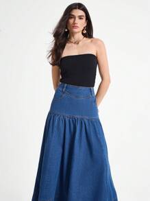 Daynim Váy chữ A denim giản dị dành cho nữ khi đi làm - Rửa trung bình - Xem 4