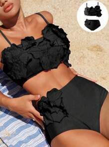 Swim Vcay Women's Summer Beach Hot Pink Solid Color 3D Flower Decorated Bikini Set Summer Two Pieces Set - Black - View 1