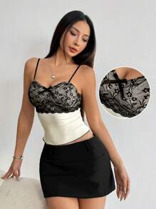 Chiquease 女士性感蕾丝拼接吊带背心，夏季必备 - 杏色 - 查看 1