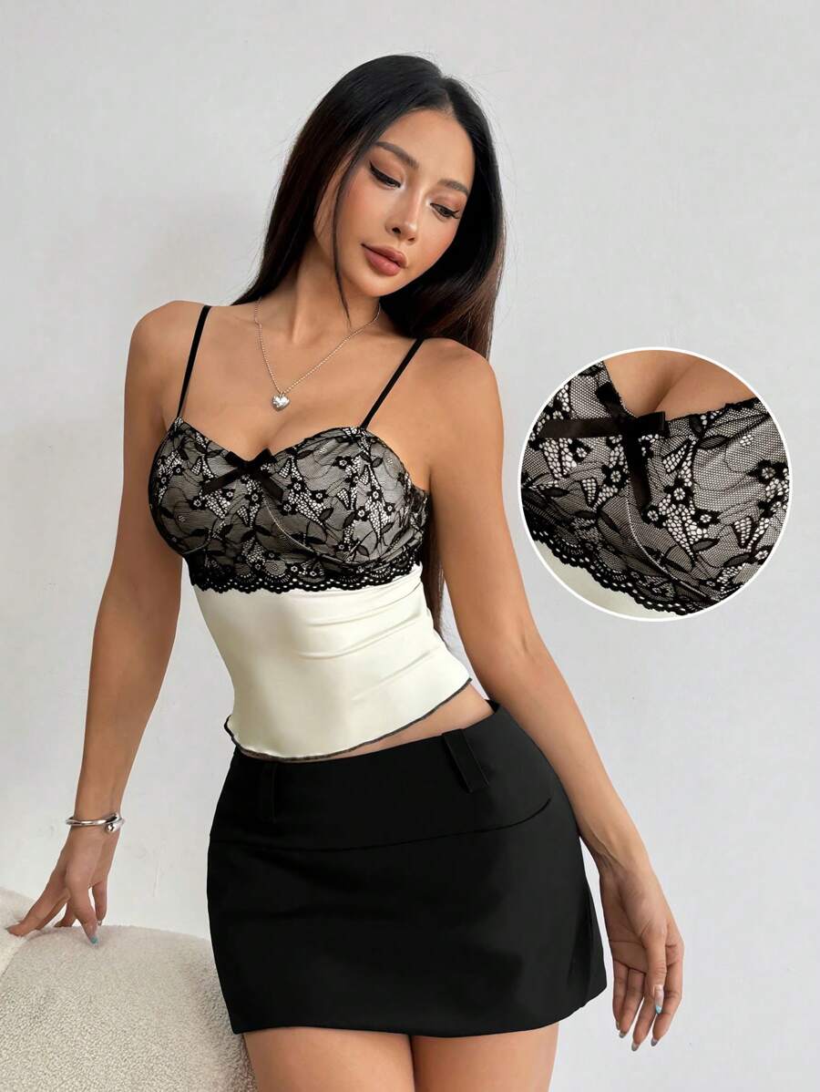 Chiquease 女士性感蕾丝拼接吊带背心，夏季必备 - 杏色 - 查看 1