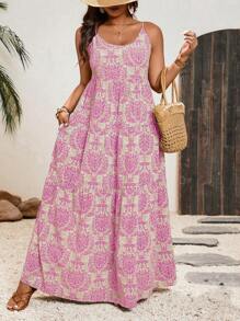 SHEIN VCAY 大码夏季无袖全身印花休闲连衣裙