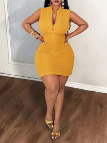 Slaydiva Plus Size Women Casual Sports Sleeveless Body-Conscious Mini Dress - Yellow - View 1