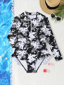 青少年女孩夏季时尚花卉印花连体泳衣 - 彩色 - 查看 6