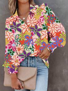 Calvaya Plus Size Floral Print Front Button Casual Long Sleeve Shirt - Multicolor - View 1
