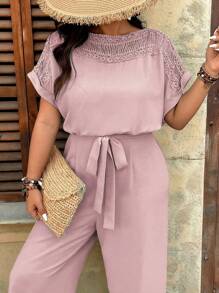 SHEIN LUNE Mono holgado de pierna recta con mangas de murciélago, cintura anudada y parches de encaje soluble en agua, talla grande, adecuado para salir y de vacaciones - Rosa - Ver 5