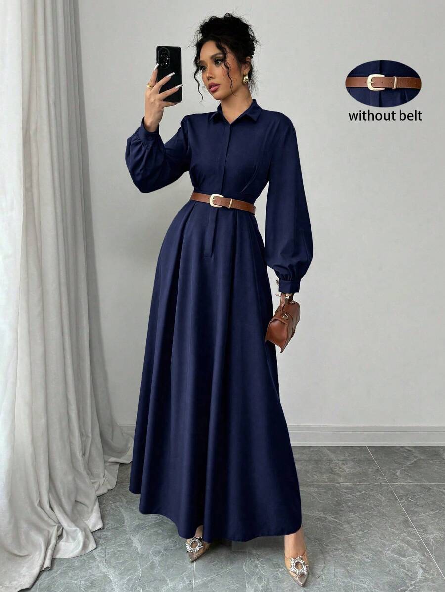 Selianne 优雅通勤纯色灯笼袖连衣裙，秋季长款女装 - 藏蓝色 - 查看 1