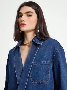 Daynim Áo sơ mi denim dài tay cổ điển dành cho nữ có vạt xéo - Rửa tối - Xem 2
