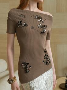 Arave Top tricoté à manches courtes, col asymétrique avec décor de paillettes, printemps/été - Camel - Voir 4