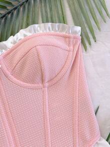 Soleia Women's Pink Textured Knit Jacquard Ruffle Trim Bustier Corset Top, Vacation Style