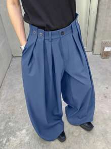 Claim Dot Manfinity Hypemode High Waist Designer Men's Wide Leg Pleated Loose Casual Pants - Blue - View 3