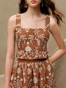 Anewsta 法式度假优雅复古碎花上衣，荷叶边下摆，刺绣半身裙套装，适合春季、夏季、节日、毕业典礼