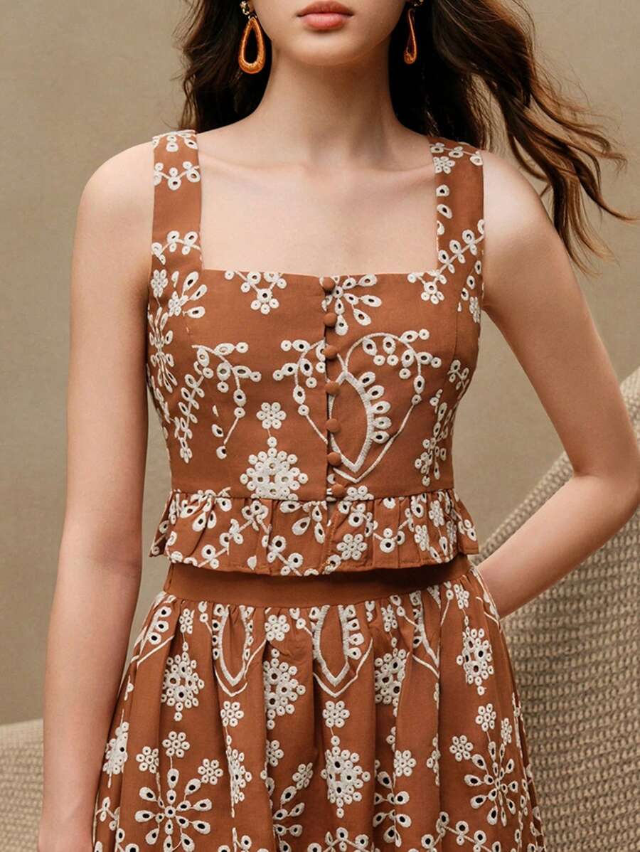 Anewsta 法式度假优雅复古碎花上衣，荷叶边下摆，刺绣半身裙套装，适合春季、夏季、节日、毕业典礼