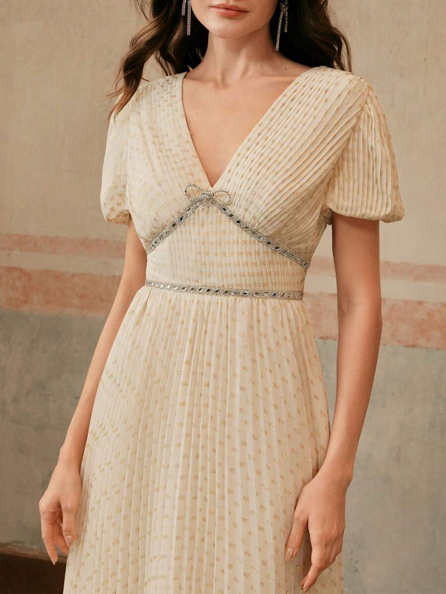 Anewsta 香槟色V领蝴蝶结水晶褶皱长裙泡泡袖连衣裙适合春夏节日毕业典礼 - 香檳色 - 查看 1