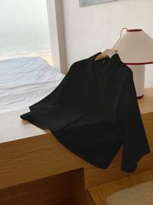 Comfortcana 女士黑色梭织纹理短款衬衫、夏季衬衫 - 黑色 - 查看 7