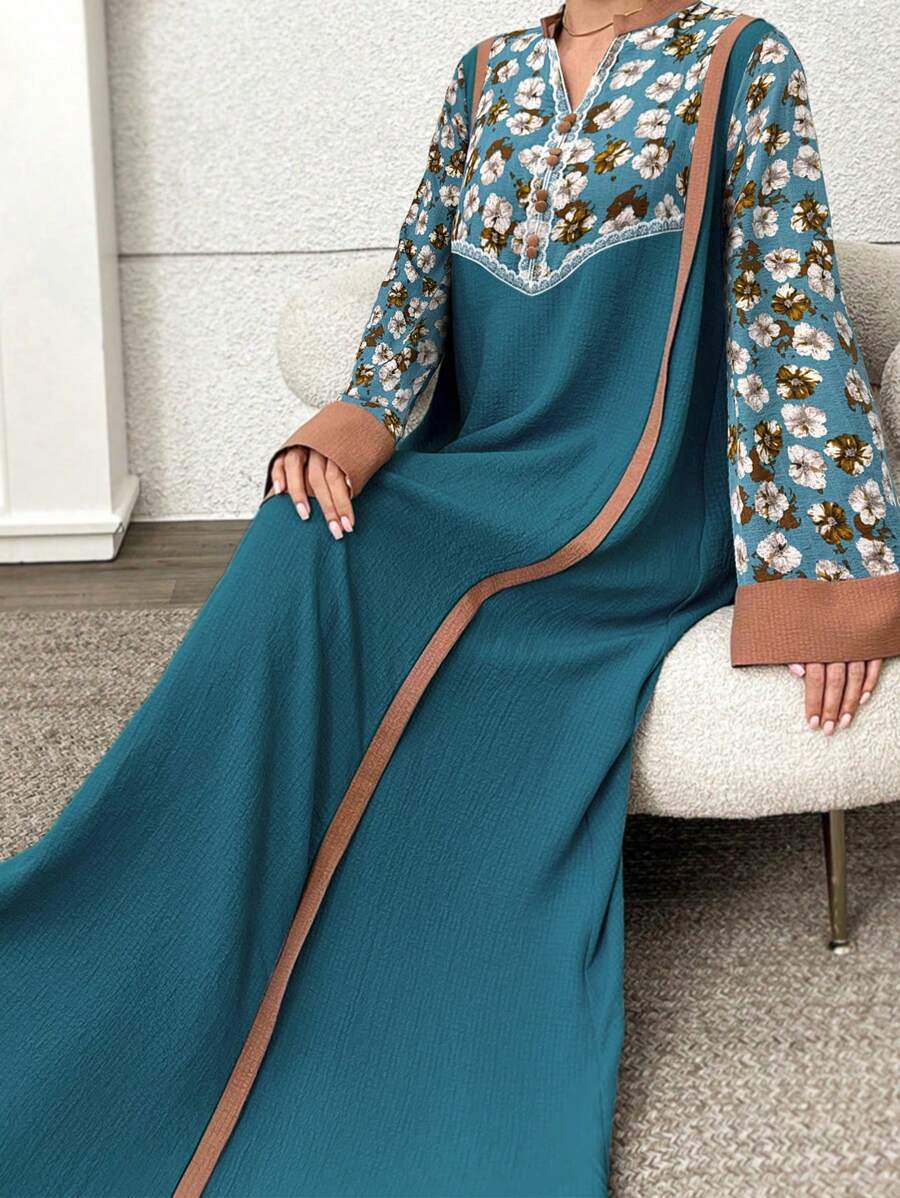 Al Najma 女士优雅花卉印花缺口领宽松中长连衣裙，端庄 - 青碧色 - 查看 1