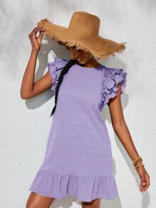 SHEIN Teen Girls Casual Jacquard Ruffle Sleeve Shift Dress