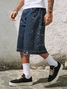 ROMWE MEN ROMWE Avant Men's Loose Fit Sparkling Diamond Decoration Denim Shorts - Blue - View 8