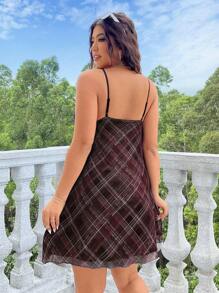 SHEIN EZwear 大码女式褶皱格子针织网眼吊带裙