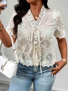 SHEIN LUNE Damen Große Größen Sommer Elegant einfarbiges Bluse mit Blumenstickerei - Aprikosenfarben - Übersicht 6