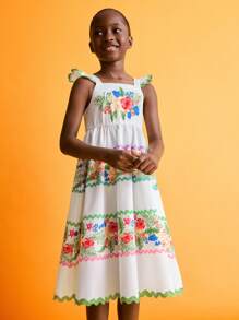 SHEIN Vestidos com Babados na Barra e Estampa Tropical para Meninas Jovens no Verão - Multicolorido - Visão 4