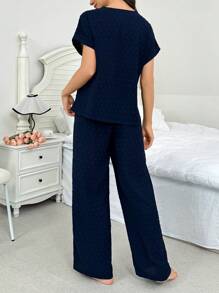 SHEIN Conjunto de pijama informal de manga corta con estampado jacquard de parches florales bordados para mujeres