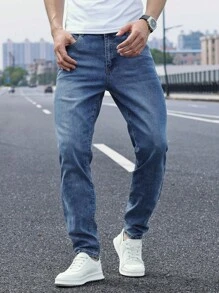 Manfinity Homme Men's Casual Washed Tapered Leg Jeans Men Clothing Jeans - Medium Wash - View 3