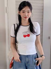 DAZY Women's Cherry Print Trim Round Neck Short Sleeve Casual T-Shirt Cute Tops